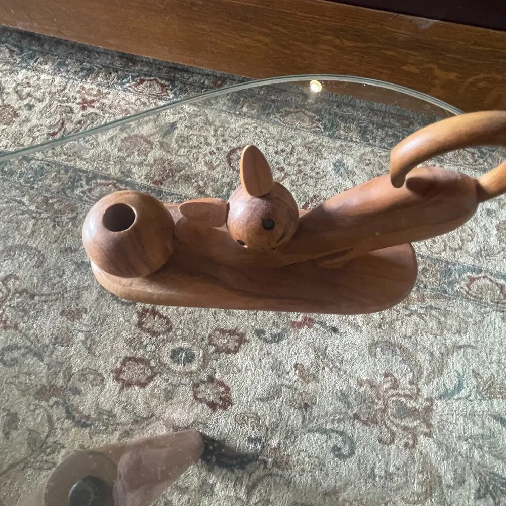 Mid Century Italian Wooden Cat with Ball Pen Holder